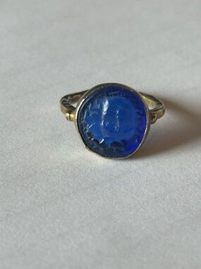 Vintage Cobalt Blue Glass Roman Coin Ring~Size 7